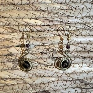 Handmade purple bead East African brass drop dangle swirl earrings